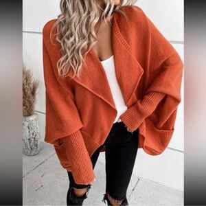 Women's Boho Burnt Orange Waterfall Collar Batwing Sleeve Cardigan SZ: L
